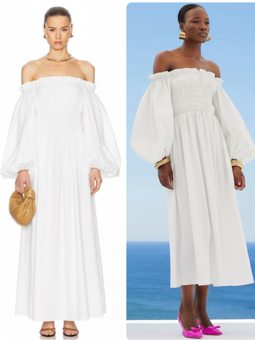 Caroline Constas Raquela White Off-Shoulder Smocked Bodice Maxi Dress NWT $495